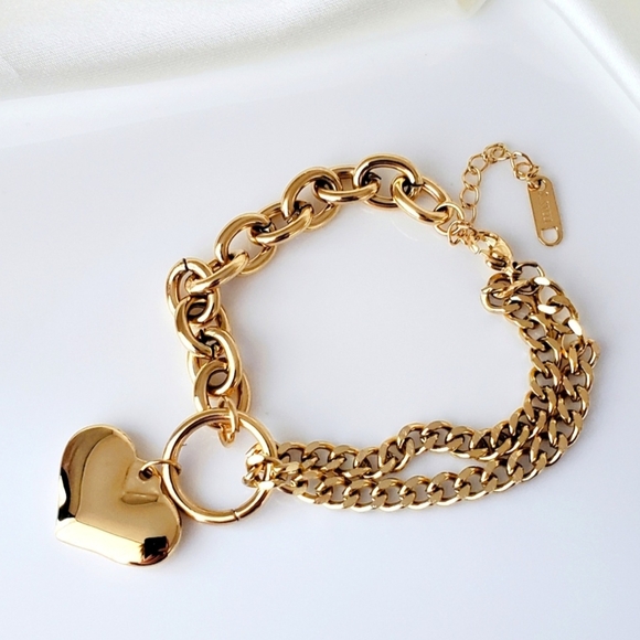NEW 18k Gold Plated Asymmetric Layered Curb & Link Chain Heart Charm Bracelet - Picture 3 of 8